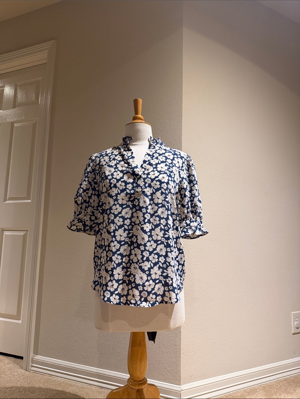 Ann Taylor Navy and White Floral Ruffle V-Neck Blouse